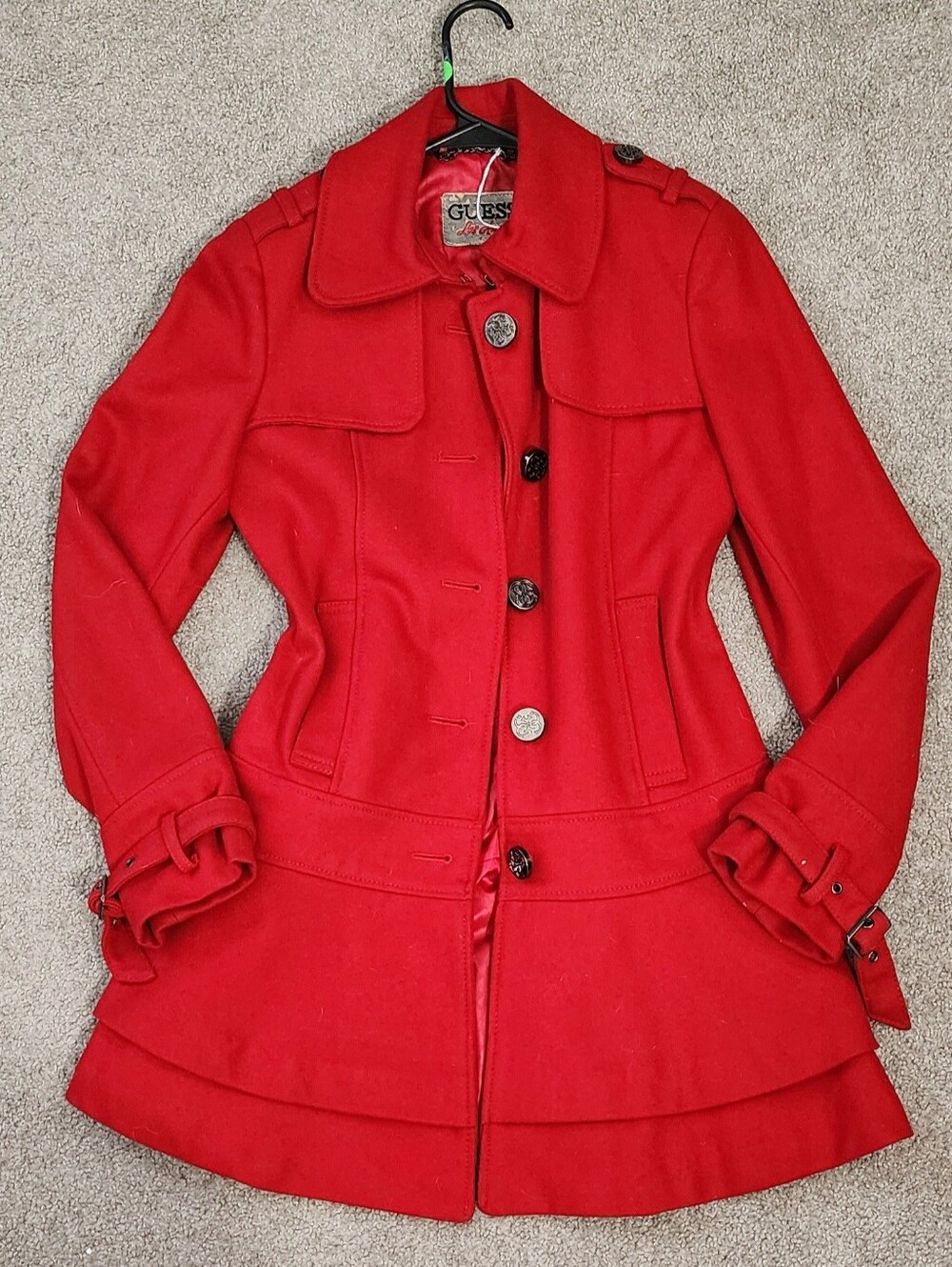 GUESS Red Tailored Wool-Blend Pea Coat with Flared Hem